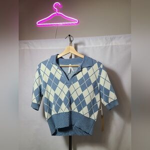 Dreamers blue and white checkered knit sweater- New with tags- Womens size small